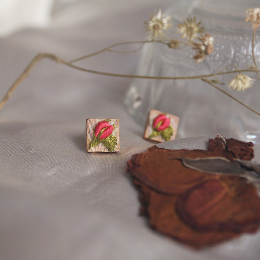 Peach Rose Buds Branch Tiny Square Ear Studs