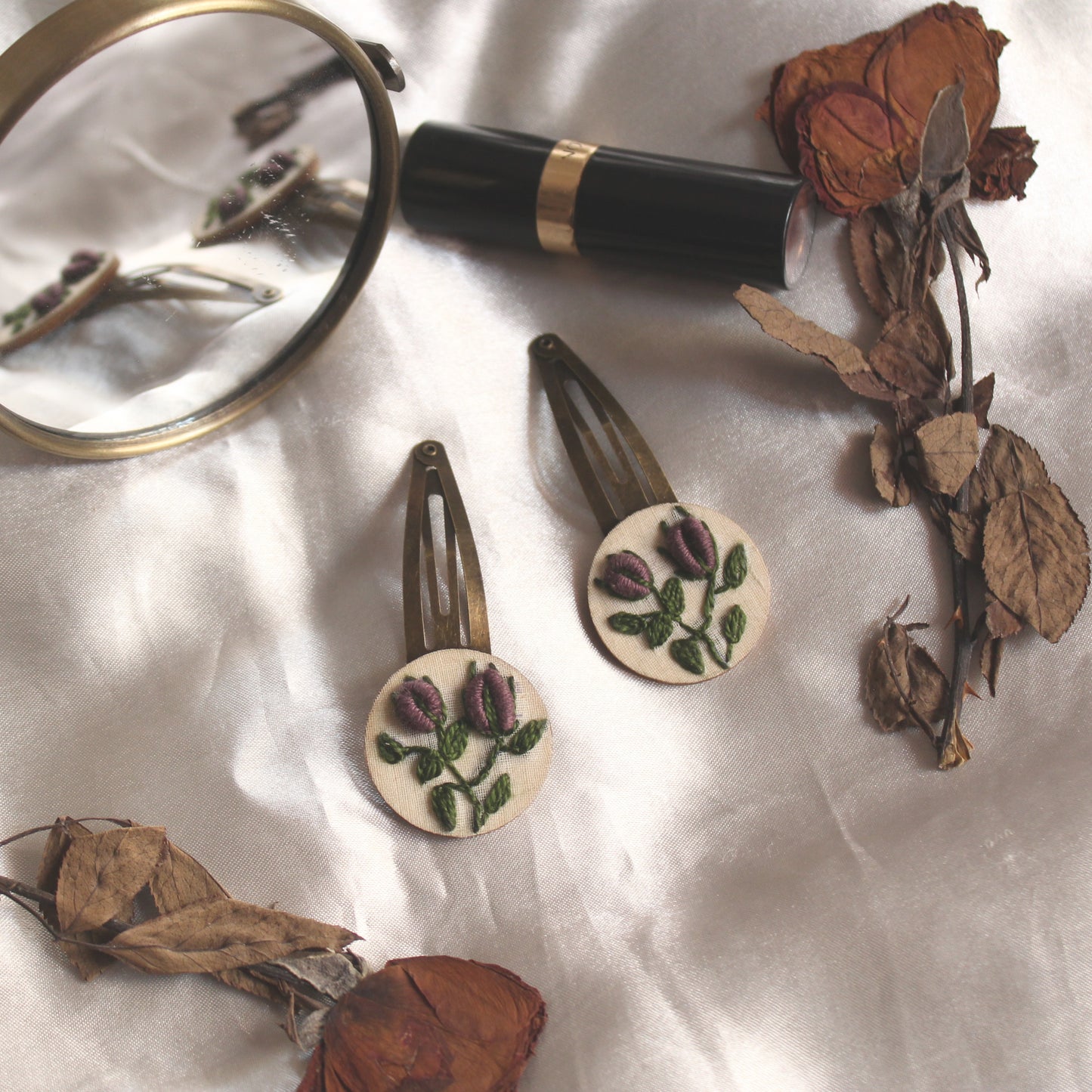 Dark Mauve Rose Bud Round Tic-Tac Hair Clips Set