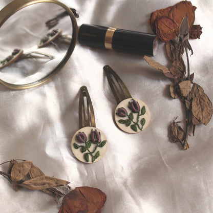 Dark Mauve Rose Bud Round Tic-Tac Hair Clips Set