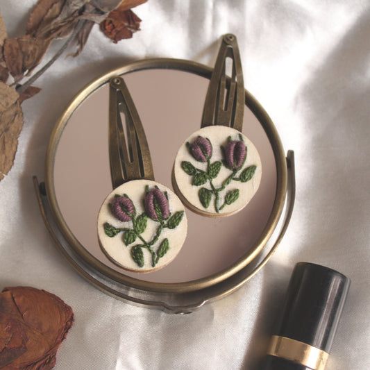 Dark Mauve Rose Bud Round Tic-Tac Hair Clips Set