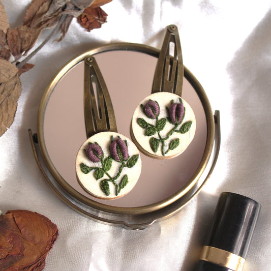 Dark Mauve Rose Bud Round Tic-Tac Hair Clips Set