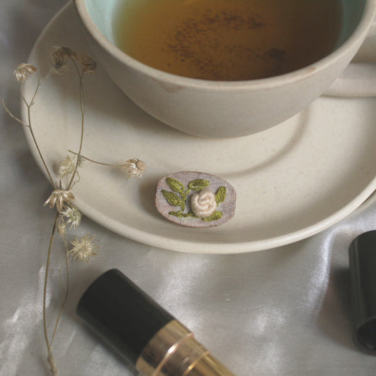 Cream Rose Branch Oval Brooch Pin