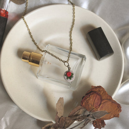 Tiny Red Rose Branch Hollow Round Necklace
