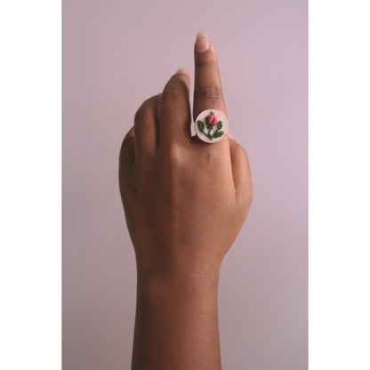 Pink Rose Bud Branch Round Adjustable Ring