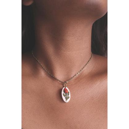 Light Pink Rose Buds Branch Oval Hollow Necklace