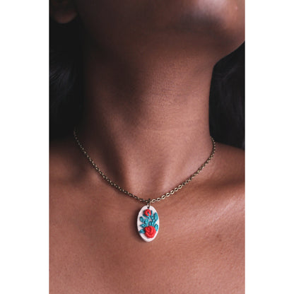 Red Rose Vine Hollow Oval Necklace