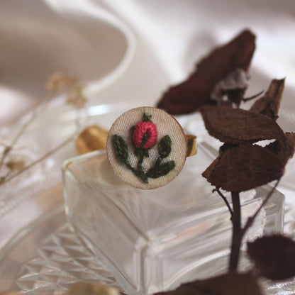 Pink Rose Bud Branch Round Adjustable Ring