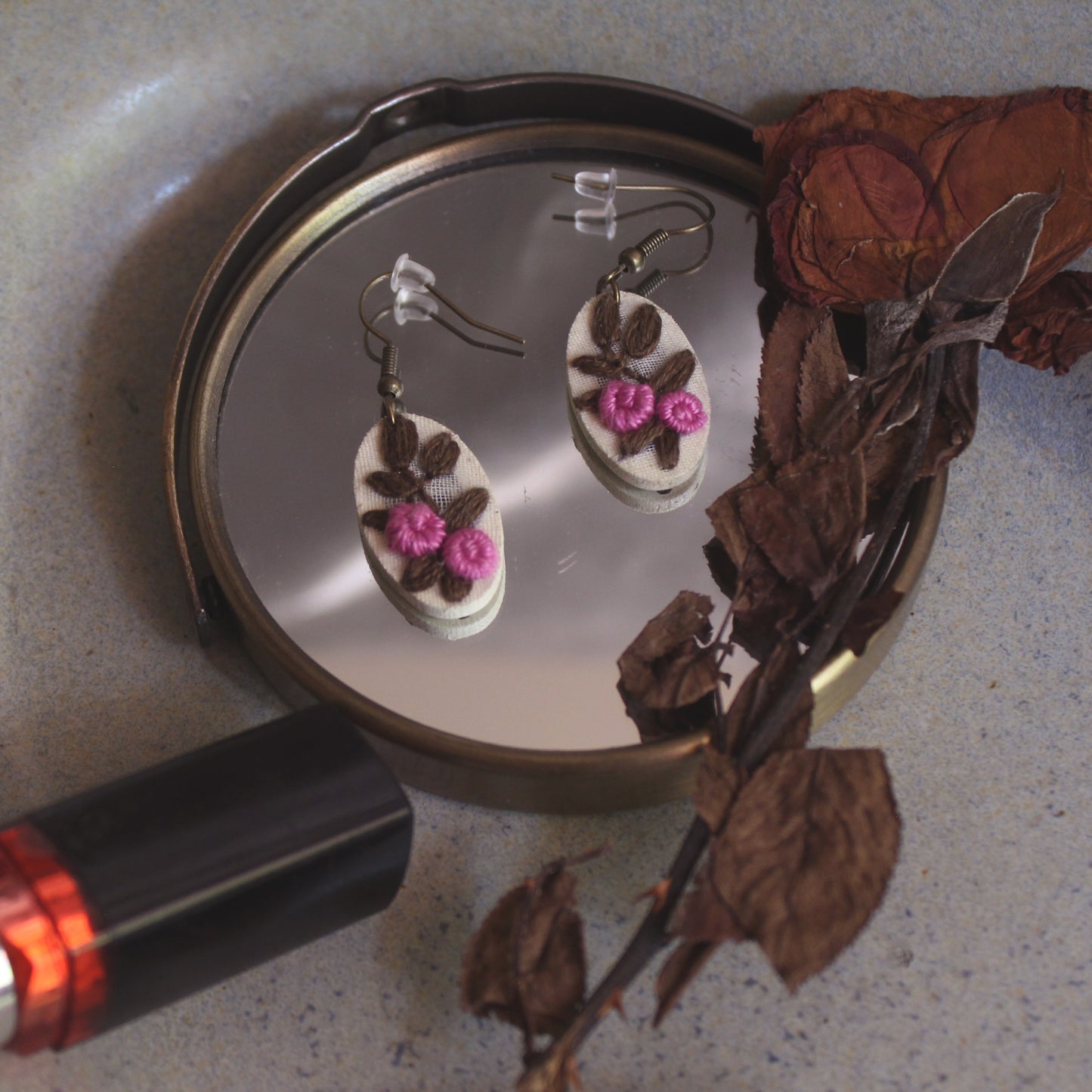 Magenta Rose Vine Hollow Oval Earrings