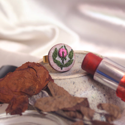 Magenta Rose Bud Branch Round Adjustable Ring