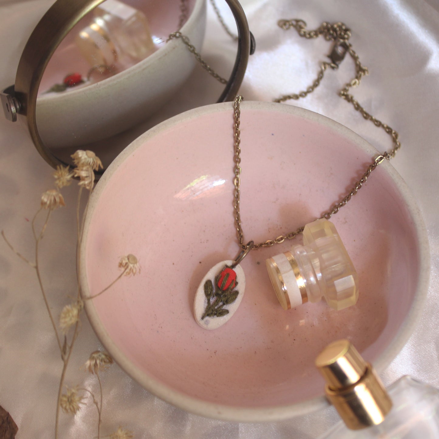 Red Rose Bud Branch Oval Hollow Necklace