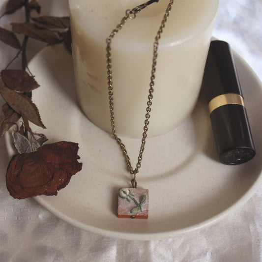 White Rose Bud Square Necklace