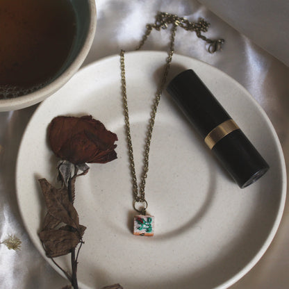 Dark Red Rose Vine Tiny Square Necklace