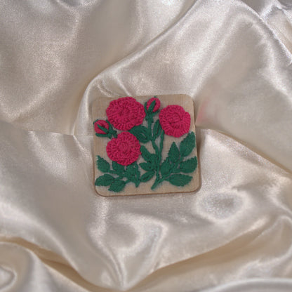 Deep Pink Rose Branch Rectangular Alligator Hair Clip