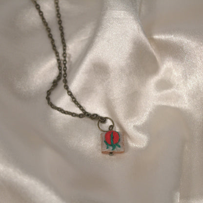 Red Rose Bud Tiny Square Necklace