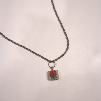 Red Rose Bud Tiny Square Necklace