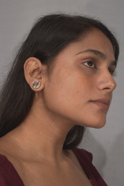 Pink Rose Branch Tiny Round Ear Studs