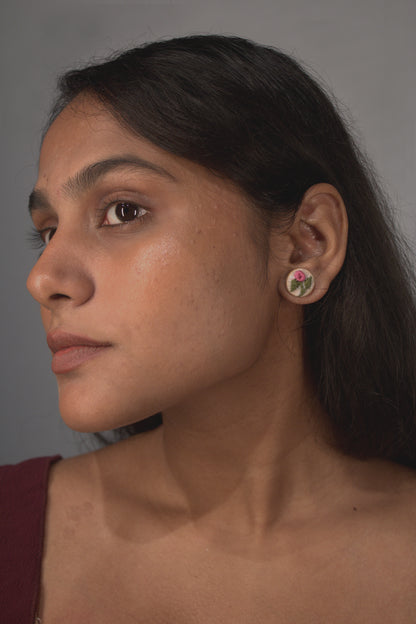Pink Rose Branch Tiny Round Ear Studs