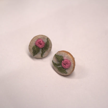 Pink Rose Branch Tiny Round Ear Studs