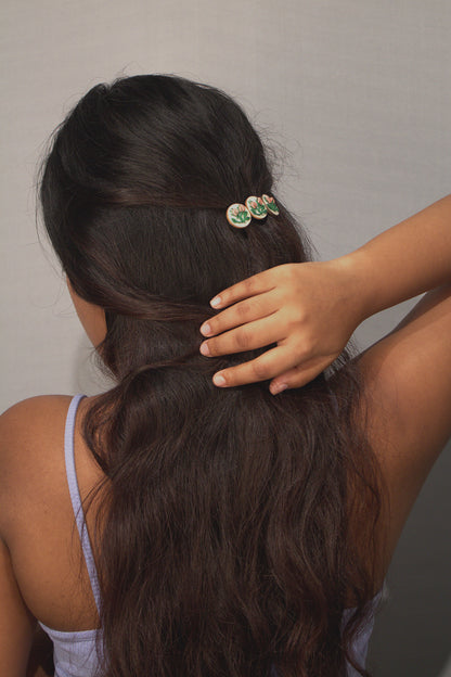 Peach Rose Buds Branch Triple Round Hair Barrette