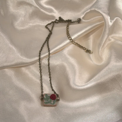 Maroon Rose Branch Square Necklace