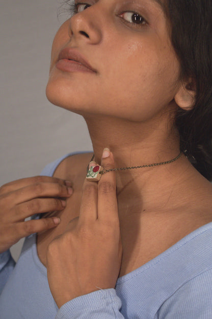 Maroon Rose Branch Square Necklace