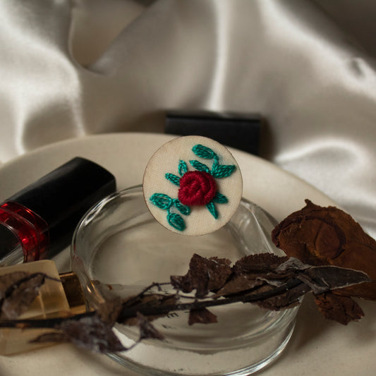 Dark Red Rose Branches Round Adjustable Ring