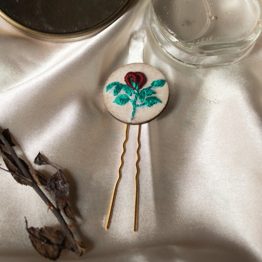 Maroon Rose Bud Branch Round Hair Pin