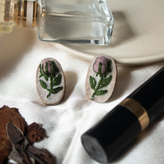 Mauve Rose Buds Branch Oval Ear Studs