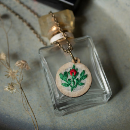 Single Red Rose Bud Branch Round Hollow Necklace