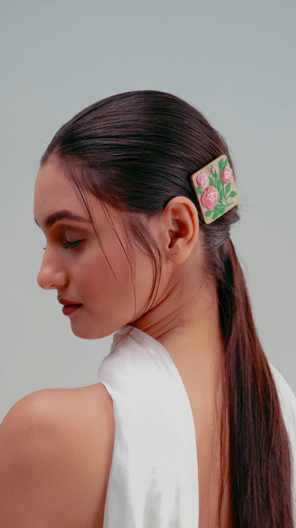 Light Pink Gradient Rose Branch Rectangular Alligator Hair Clip