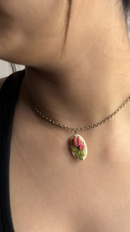 Peach Rose Buds Branch Oval Hollow Necklace