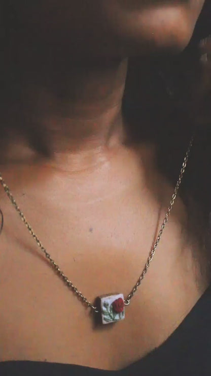 Maroon Rose Branch Square Necklace