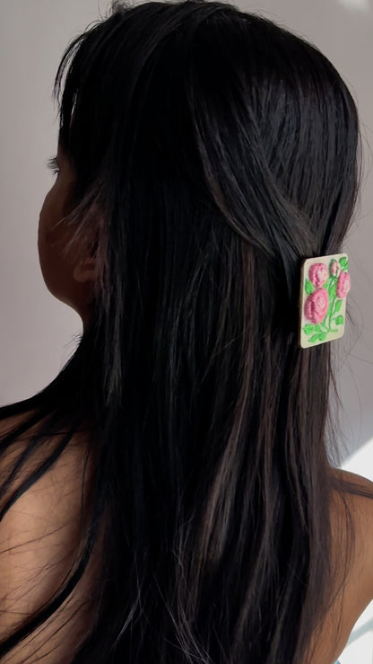 Light Pink Gradient Rose Branch Rectangular Alligator Hair Clip