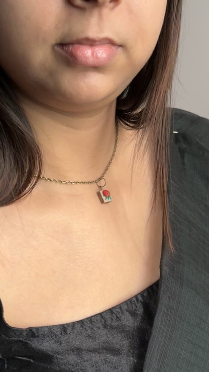 Red Rose Bud Tiny Square Necklace