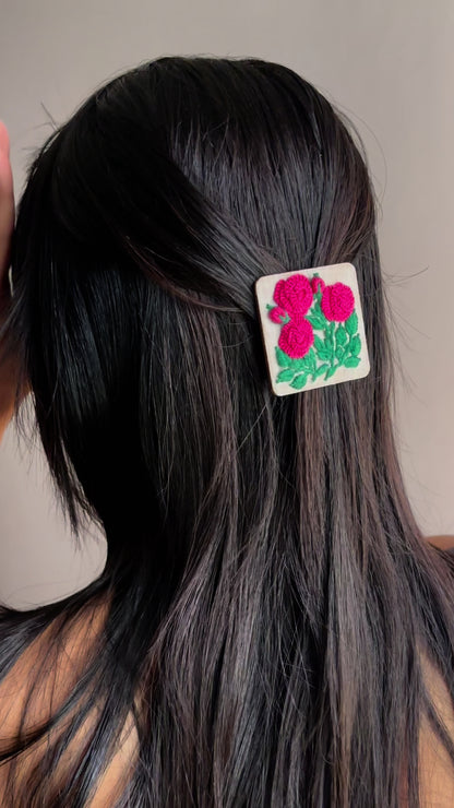 Deep Pink Rose Branch Rectangular Alligator Hair Clip
