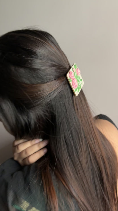 Light Pink Gradient Rose Branch Rectangular Alligator Hair Clip