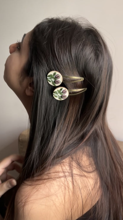 Dark Mauve Rose Bud Round Tic-Tac Hair Clips Set