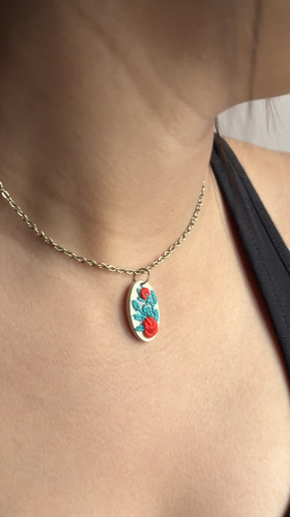 Red Rose Vine Hollow Oval Necklace