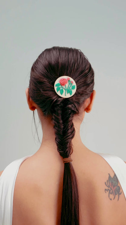 Peach Rose Branch Circular Alligator Hair Clip