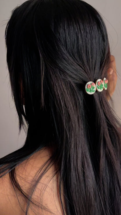 Peach Rose Buds Branch Triple Round Hair Barrette