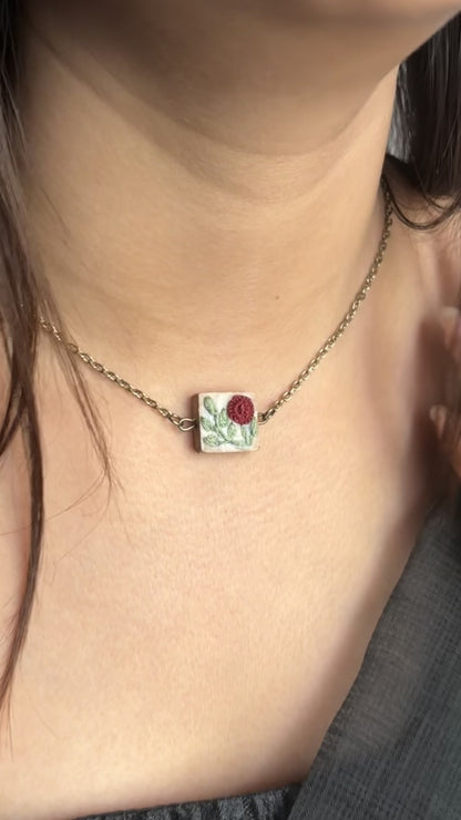 Maroon Rose Branch Square Necklace