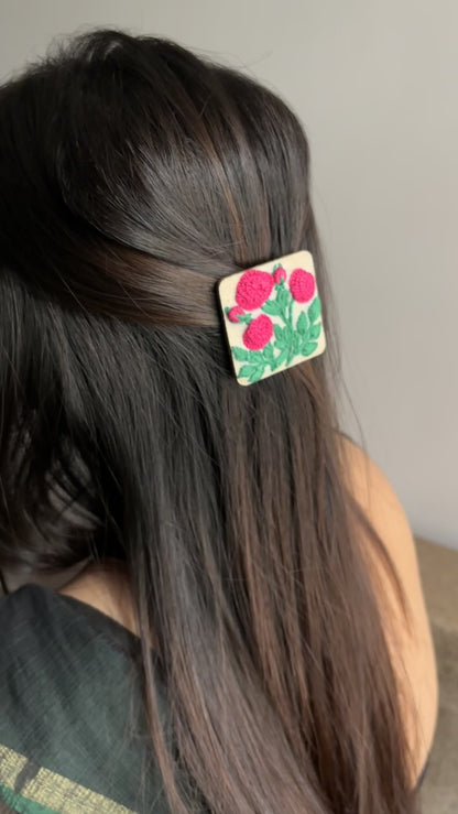 Deep Pink Rose Branch Rectangular Alligator Hair Clip
