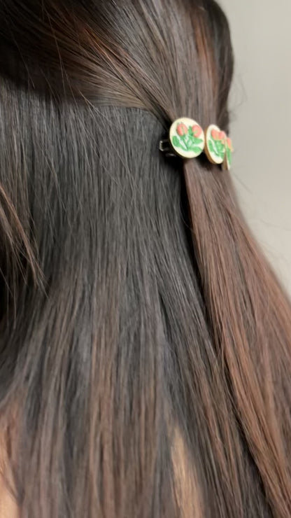Peach Rose Buds Branch Triple Round Hair Barrette