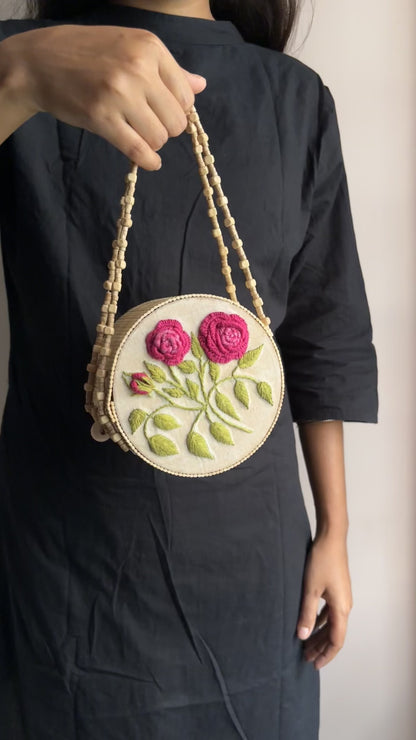 Dark Pink Gradient Rose Branch Round Handbag