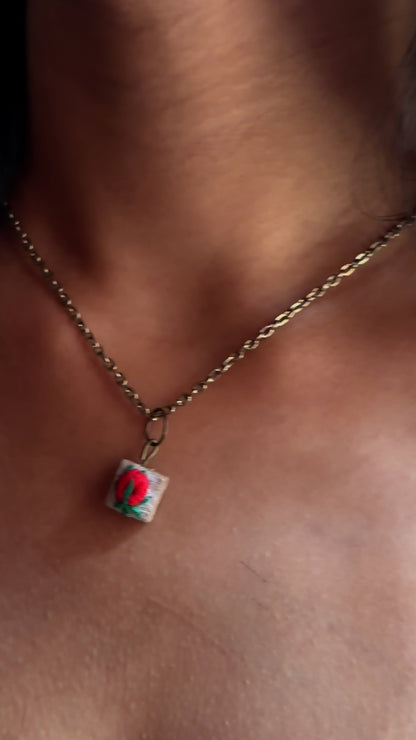 Red Rose Bud Tiny Square Necklace
