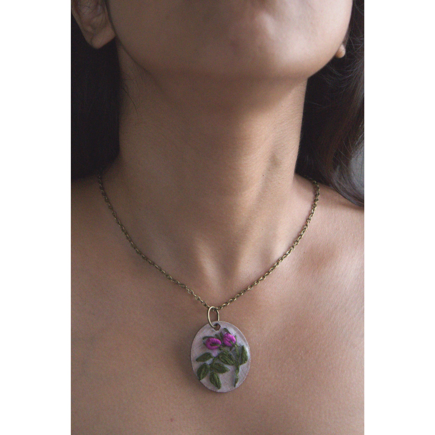 Purple Rose Bud Branch Oval Necklace